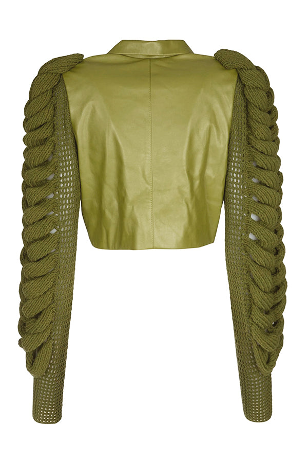 Stylish Knitted Sleeve Patchwork PU Jacket