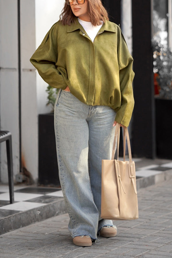Stylish Suede Hidden Zip Bomber Jacket