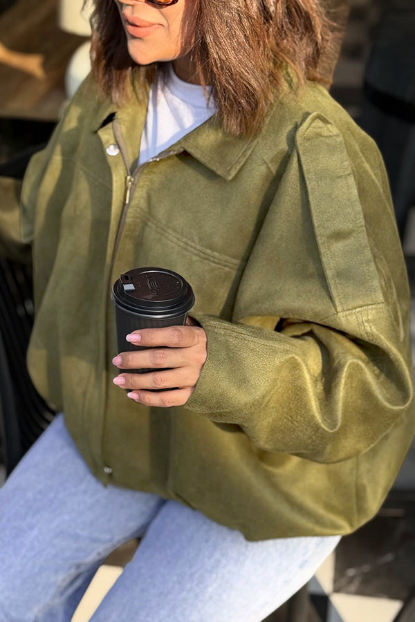 Stylish Suede Hidden Zip Bomber Jacket