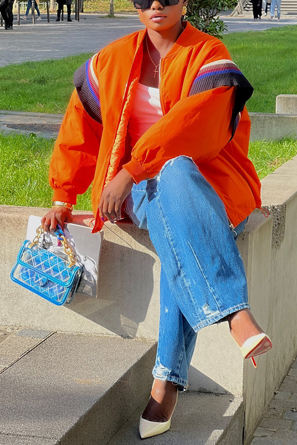Bright Layered Knit Patchwork Sleeve Baseball Jacket