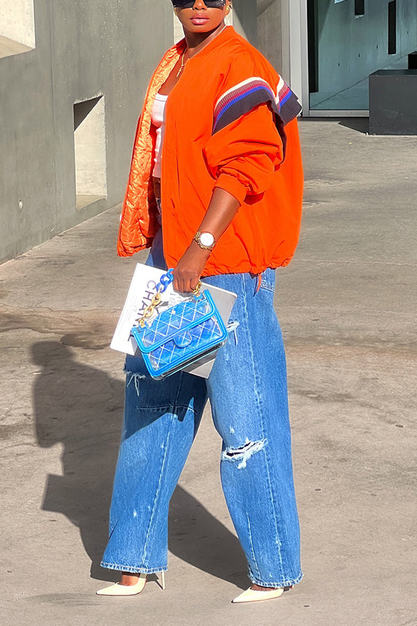 Bright Layered Knit Patchwork Sleeve Baseball Jacket
