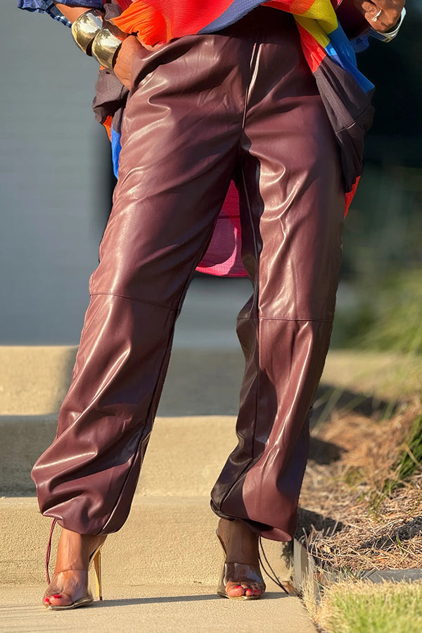 Stylish Drawstring Hem Leather Pants