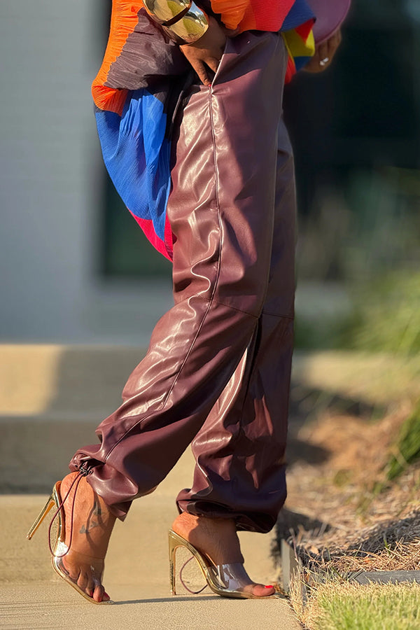 Stylish Drawstring Hem Leather Pants