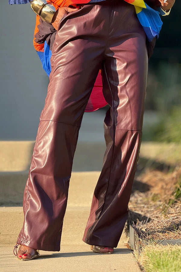 Stylish Drawstring Hem Leather Pants