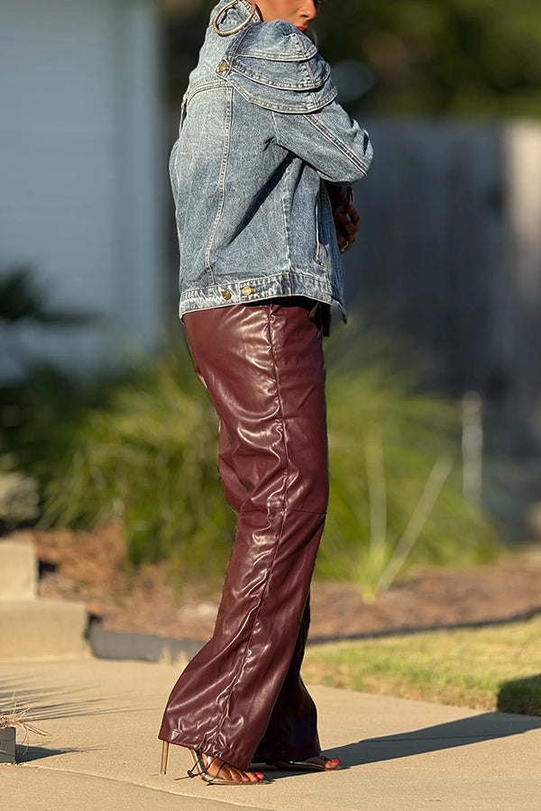 Stylish Drawstring Hem Leather Pants