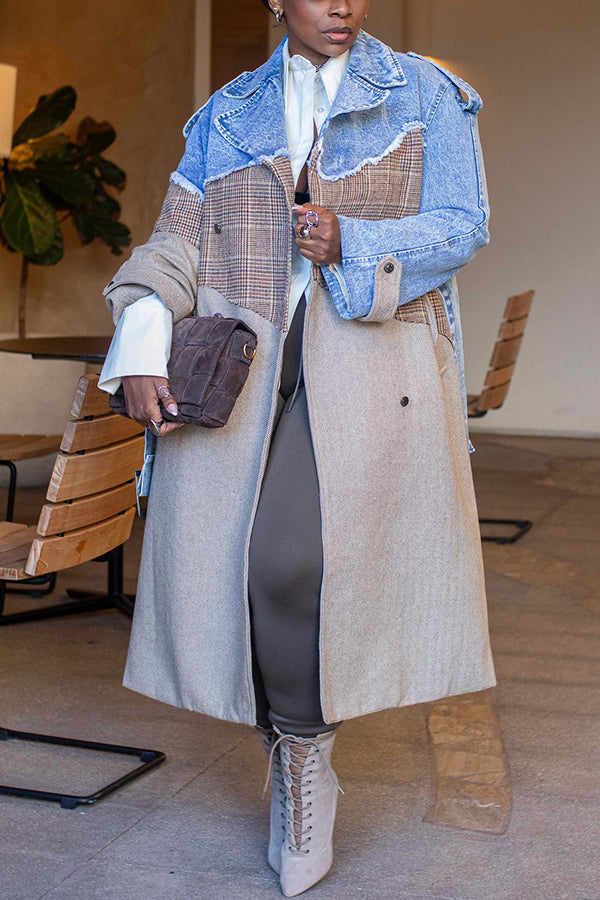 Street Style Plaid Denim Patchwork Overcoat