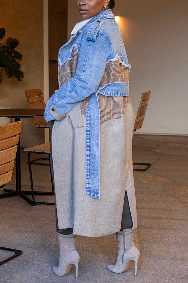 Street Style Plaid Denim Patchwork Overcoat