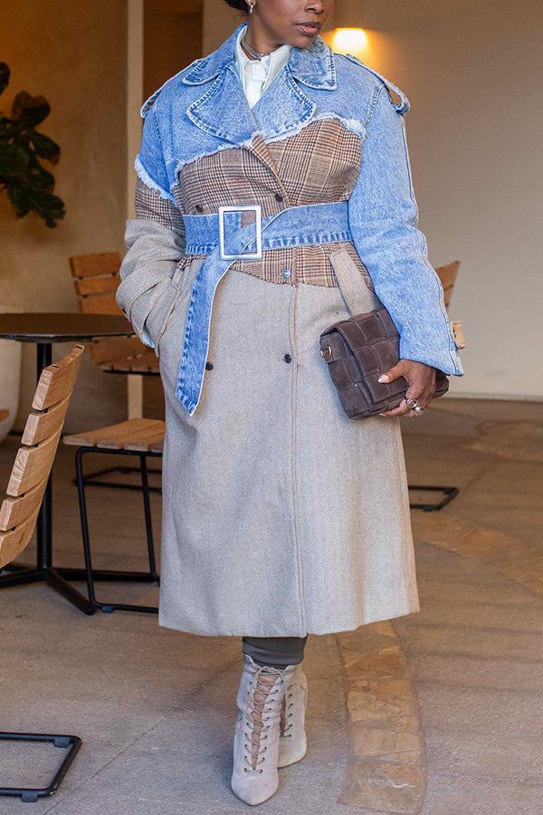 Street Style Plaid Denim Patchwork Overcoat