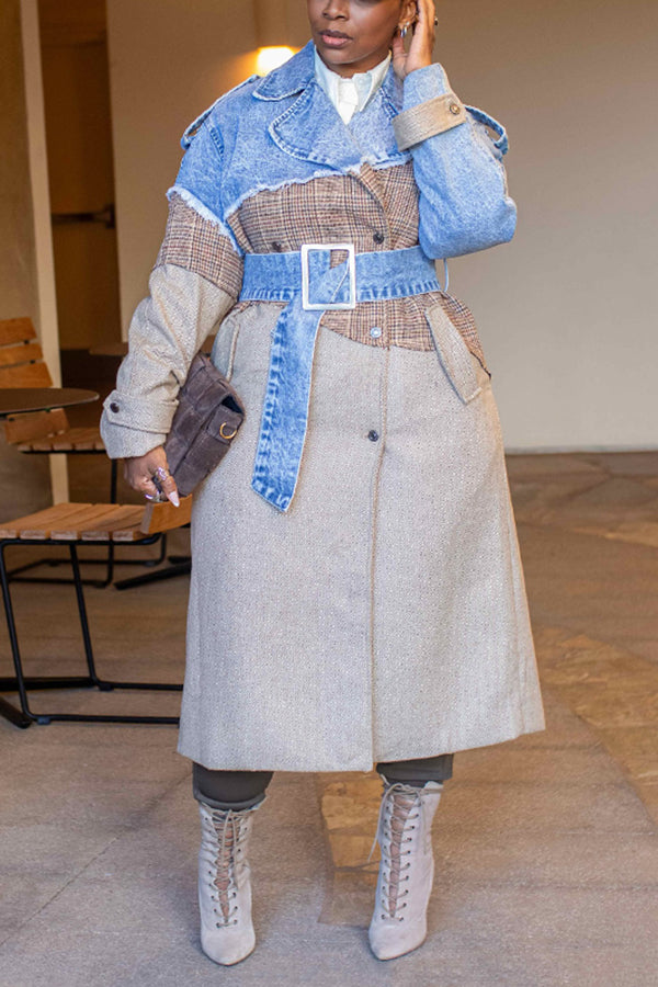 Street Style Plaid Denim Patchwork Overcoat