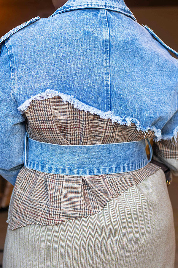 Street Style Plaid Denim Patchwork Overcoat