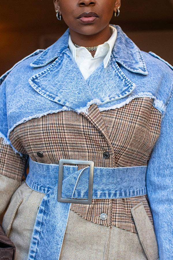 Street Style Plaid Denim Patchwork Overcoat