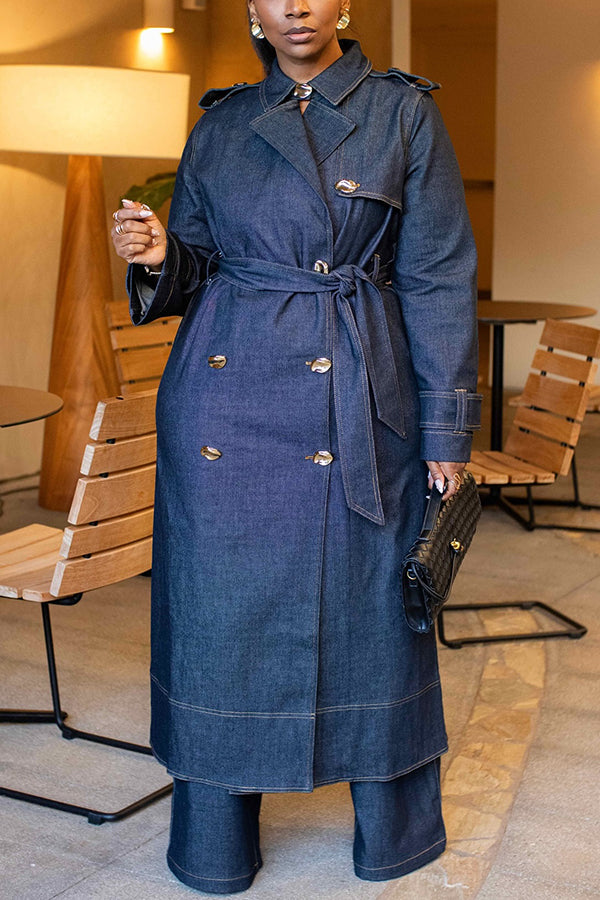 Versatile Double Breasted Patchwork Denim Trench Coat