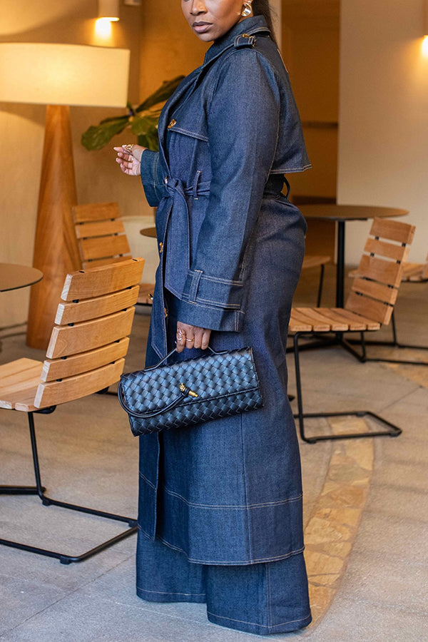 Versatile Double Breasted Patchwork Denim Trench Coat