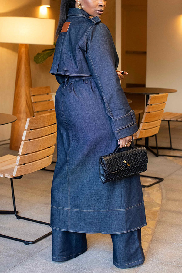 Versatile Double Breasted Patchwork Denim Trench Coat