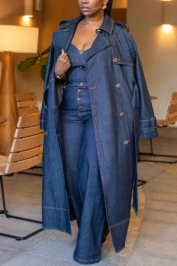 Versatile Double Breasted Patchwork Denim Trench Coat