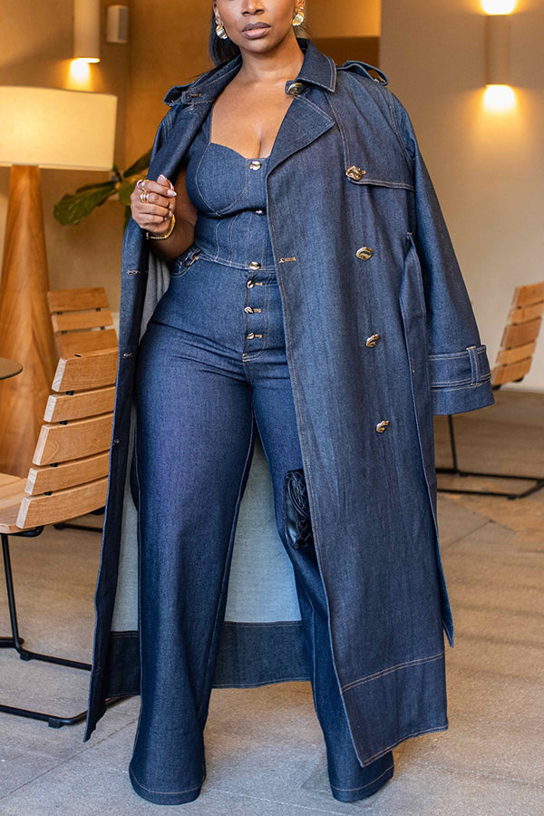 Versatile Double Breasted Patchwork Denim Trench Coat