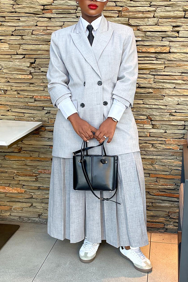 Business Style Double Breasted Blazer & Pleated Skirt Set