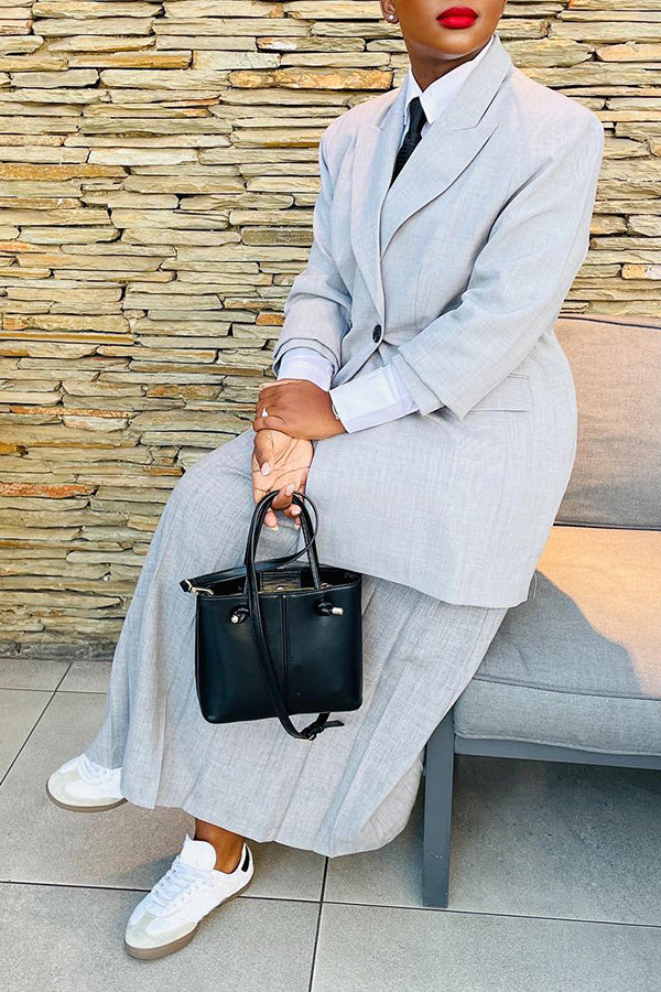 Business Style Double Breasted Blazer & Pleated Skirt Set