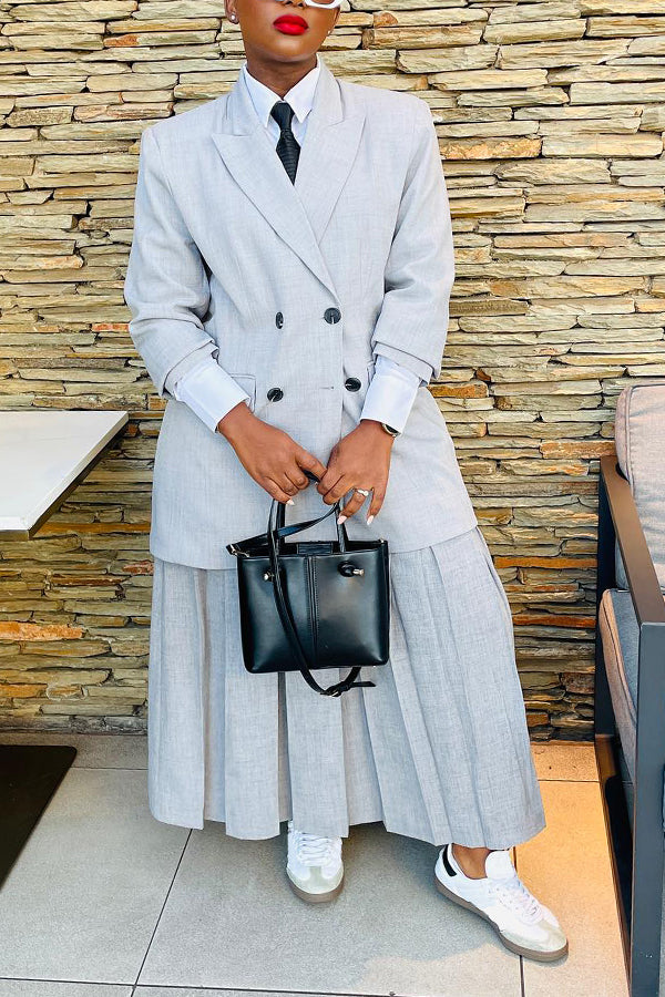 Business Style Double Breasted Blazer & Pleated Skirt Set