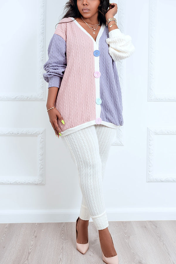 Playful Color Block Knitted Cardigan & Skinny Pants Set