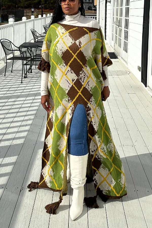 Fashion Argyle Print Split Sweater