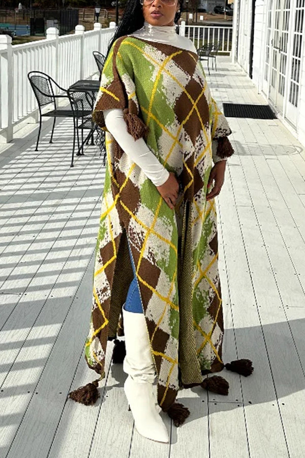 Fashion Argyle Print Split Sweater