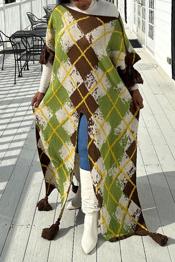 Fashion Argyle Print Split Sweater