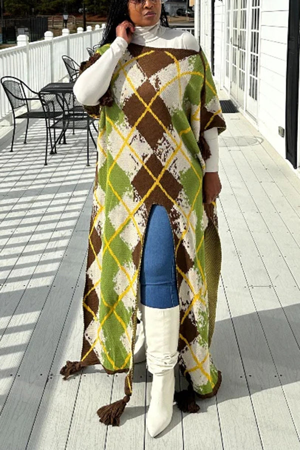 Fashion Argyle Print Split Sweater