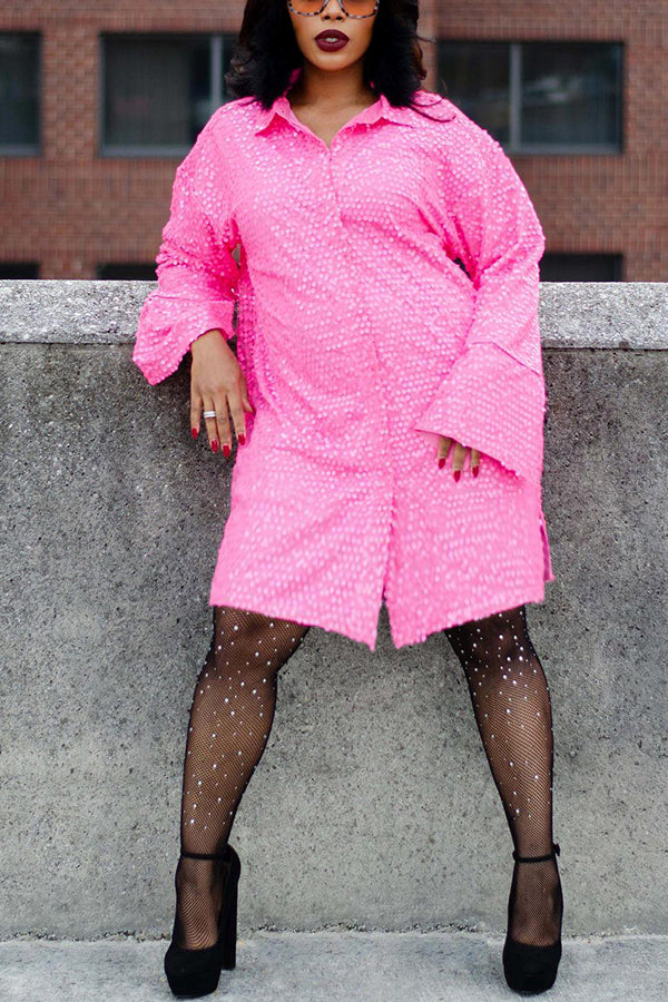 Shiny Button Up Sequin Shirt Dress