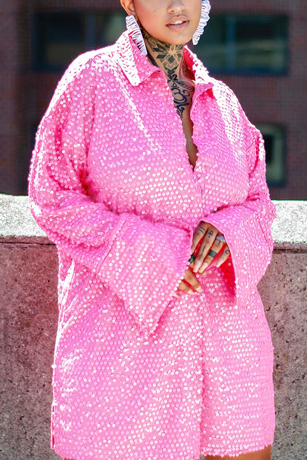 Shiny Button Up Sequin Shirt Dress