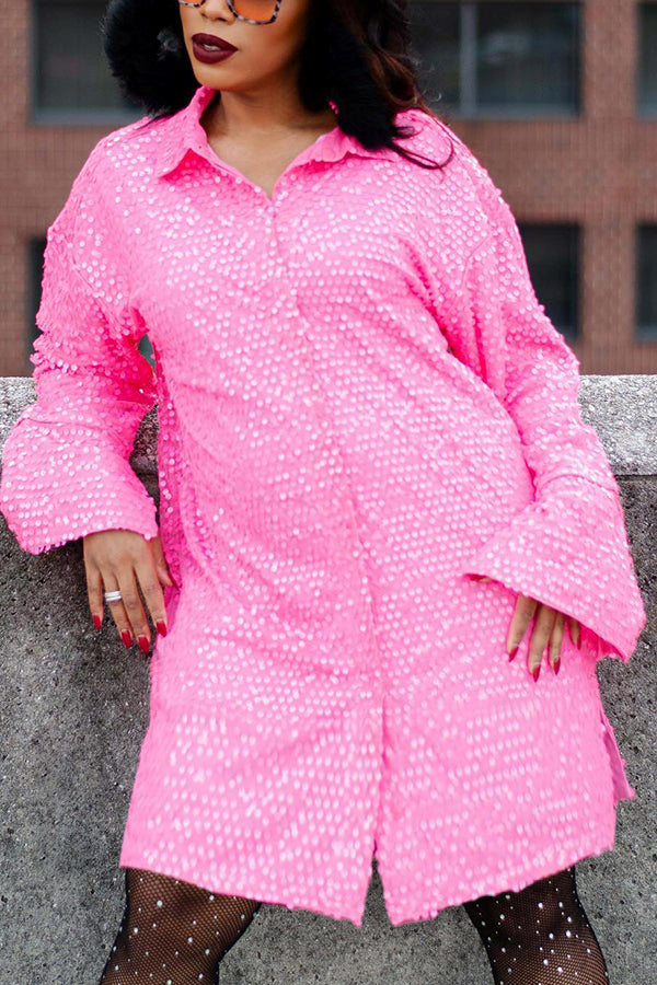 Shiny Button Up Sequin Shirt Dress