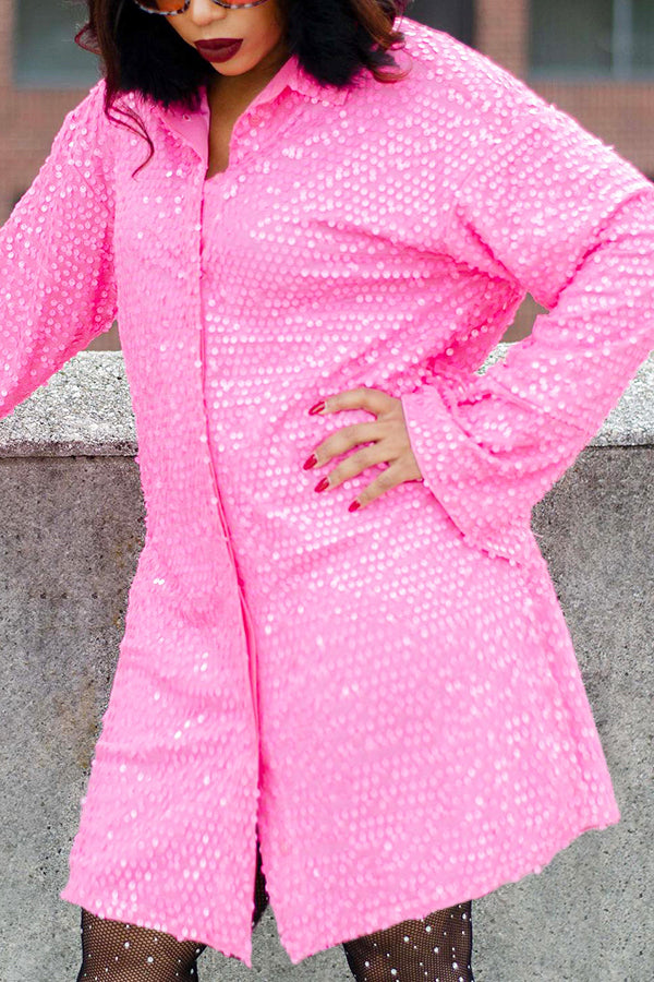 Shiny Button Up Sequin Shirt Dress