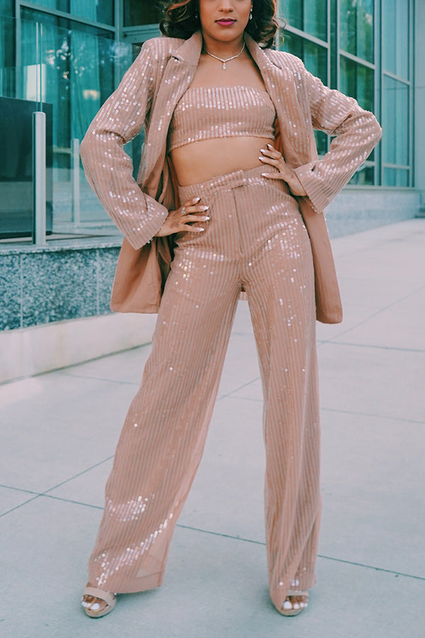 Attractive Sequined Blazer & High Waist Pants Set