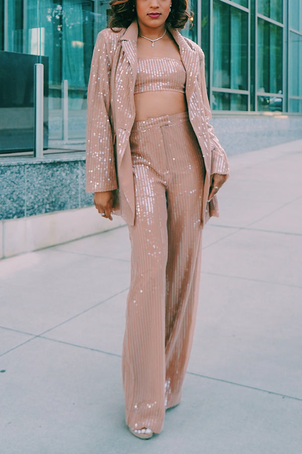Attractive Sequined Blazer & High Waist Pants Set