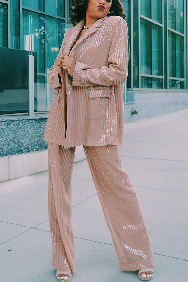 Attractive Sequined Blazer & High Waist Pants Set