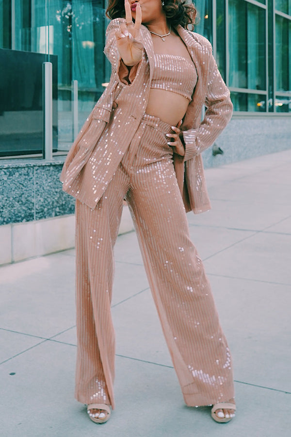 Attractive Sequined Blazer & High Waist Pants Set