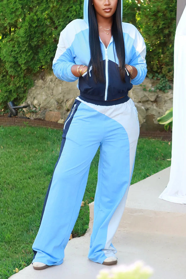 Sporty Color Block Jacket & Wide Leg Pants Set