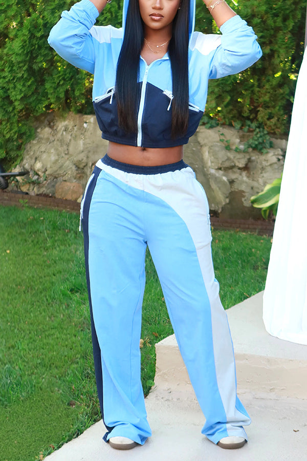 Sporty Color Block Jacket & Wide Leg Pants Set