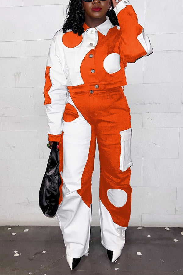 Stylish Polka Dot Print Contrast Jacket & Pants Set