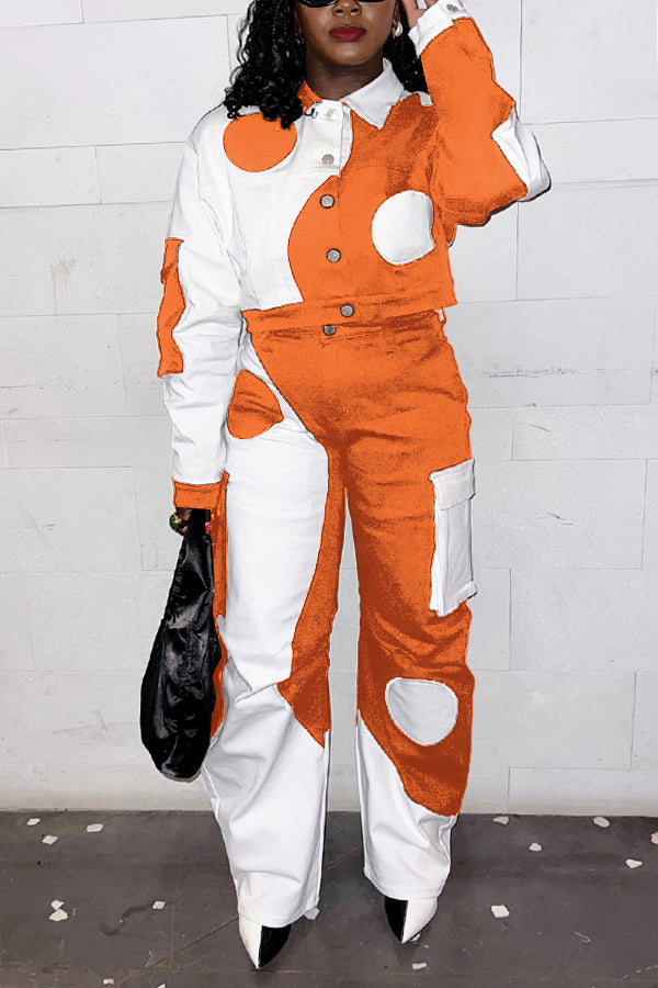 Stylish Polka Dot Print Contrast Jacket & Pants Set