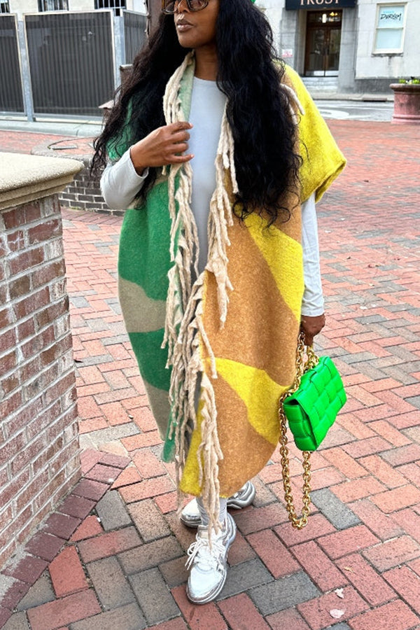 Playful Mixed Print Open Front Corded Knitted Kimono