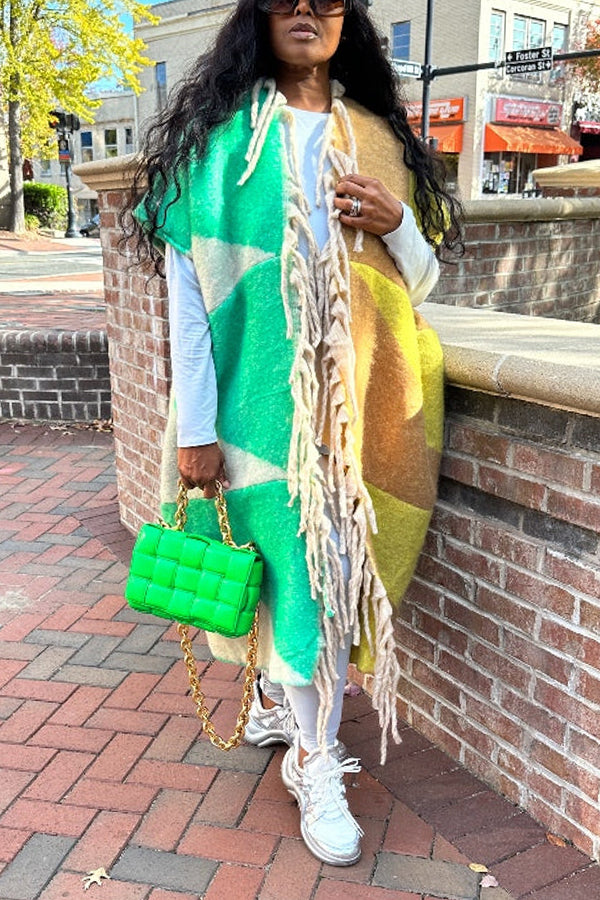 Playful Mixed Print Open Front Corded Knitted Kimono