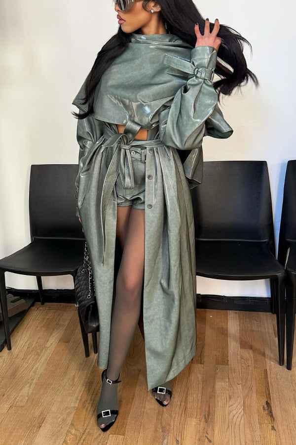 Stylish Belted PU Leather Long Jacket