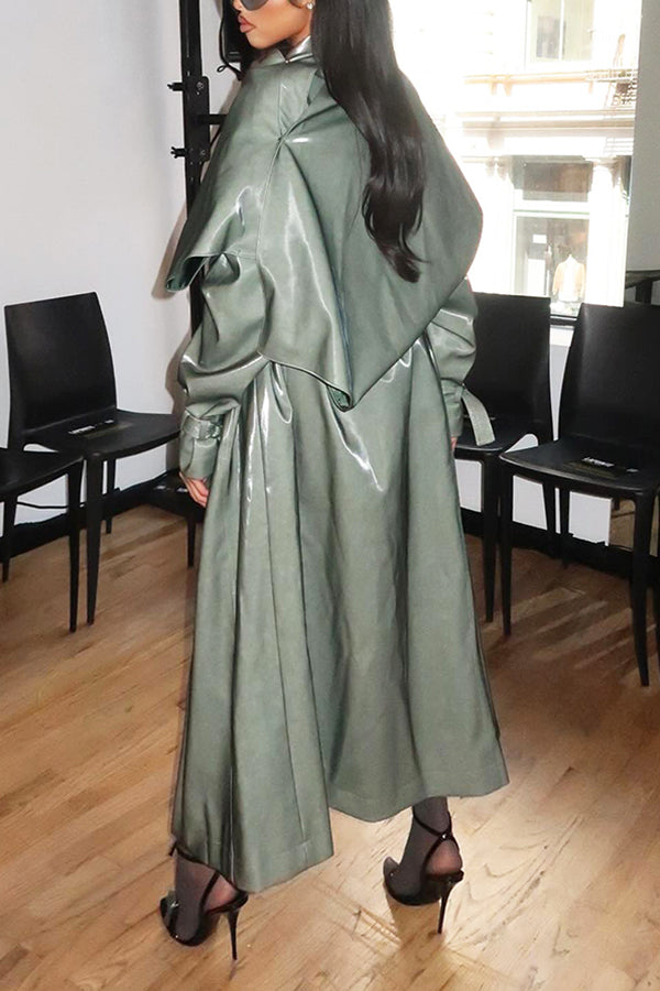 Stylish Belted PU Leather Long Jacket