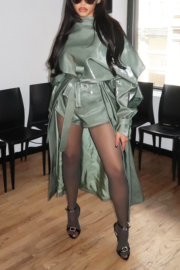 Stylish Belted PU Leather Long Jacket
