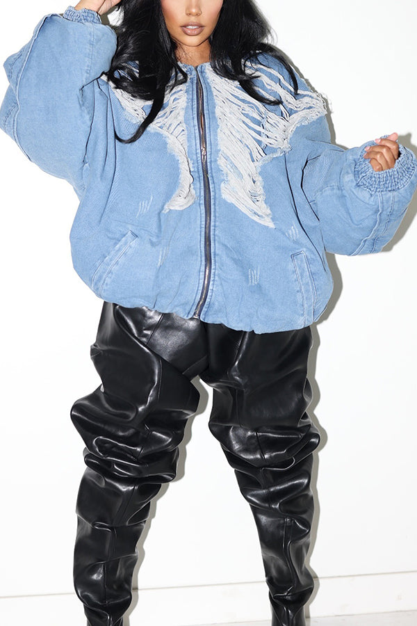 Baggy Raw Edge Patchwork Denim Jacket