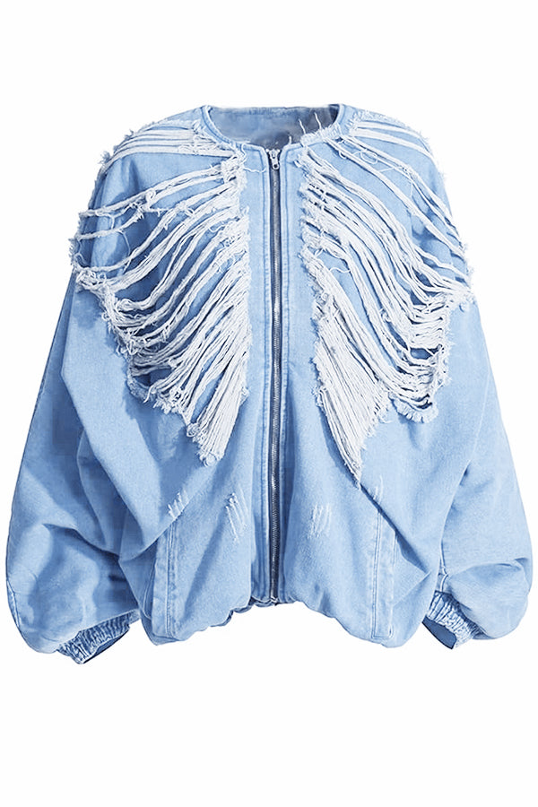 Baggy Raw Edge Patchwork Denim Jacket