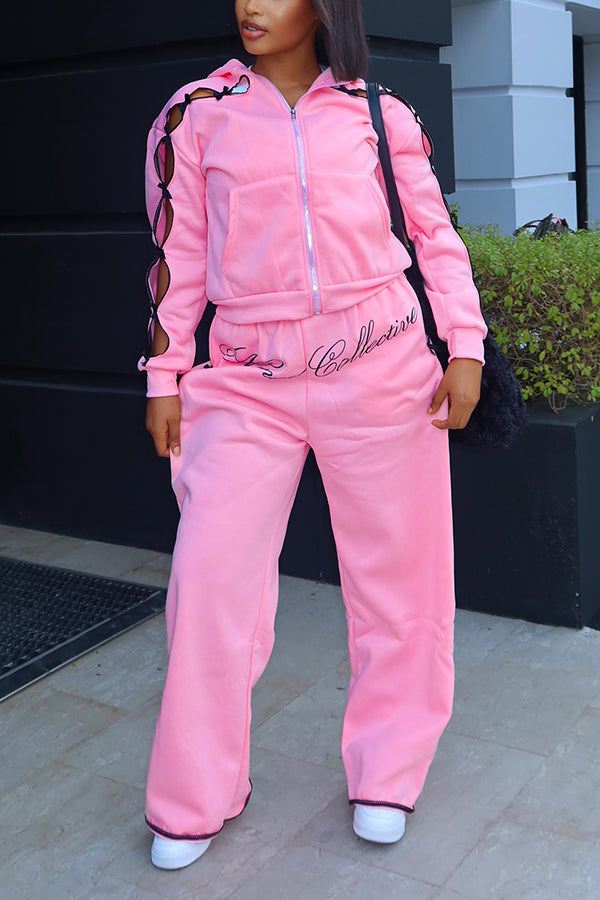 Playful Hollow Sleeve Hoodie & Wide Leg Pants Set