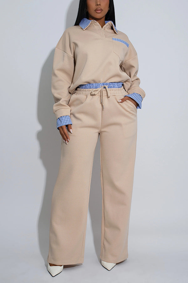 Casual Plaid Patchwork Pullover & Wide Leg Pants Set