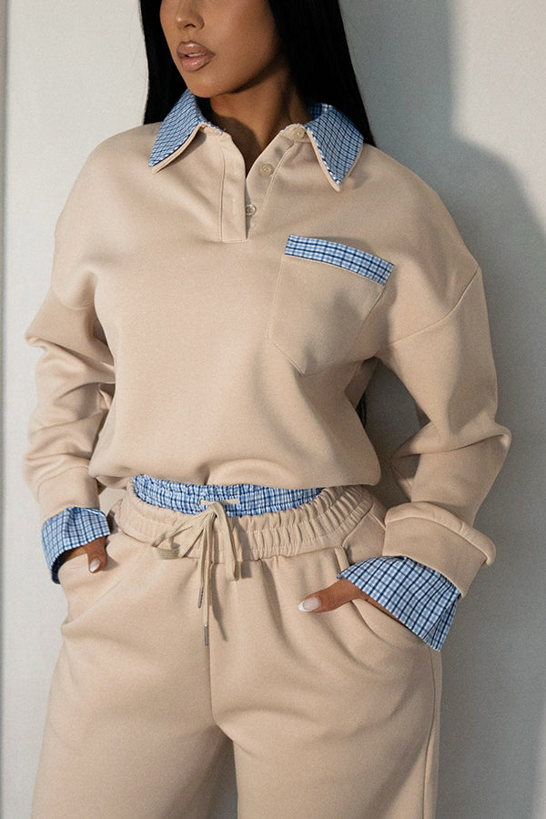 Casual Plaid Patchwork Pullover & Wide Leg Pants Set
